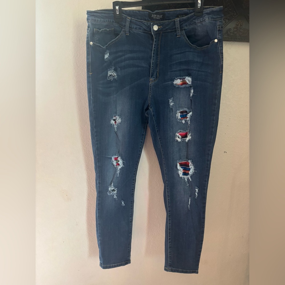 Judy Blue Dark Blue Distressed Skinny Jeans with serape patching